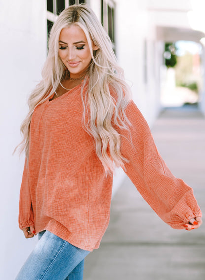 Orange Crinkle Textured Frill Split Neck Puff Sleeve Blouse