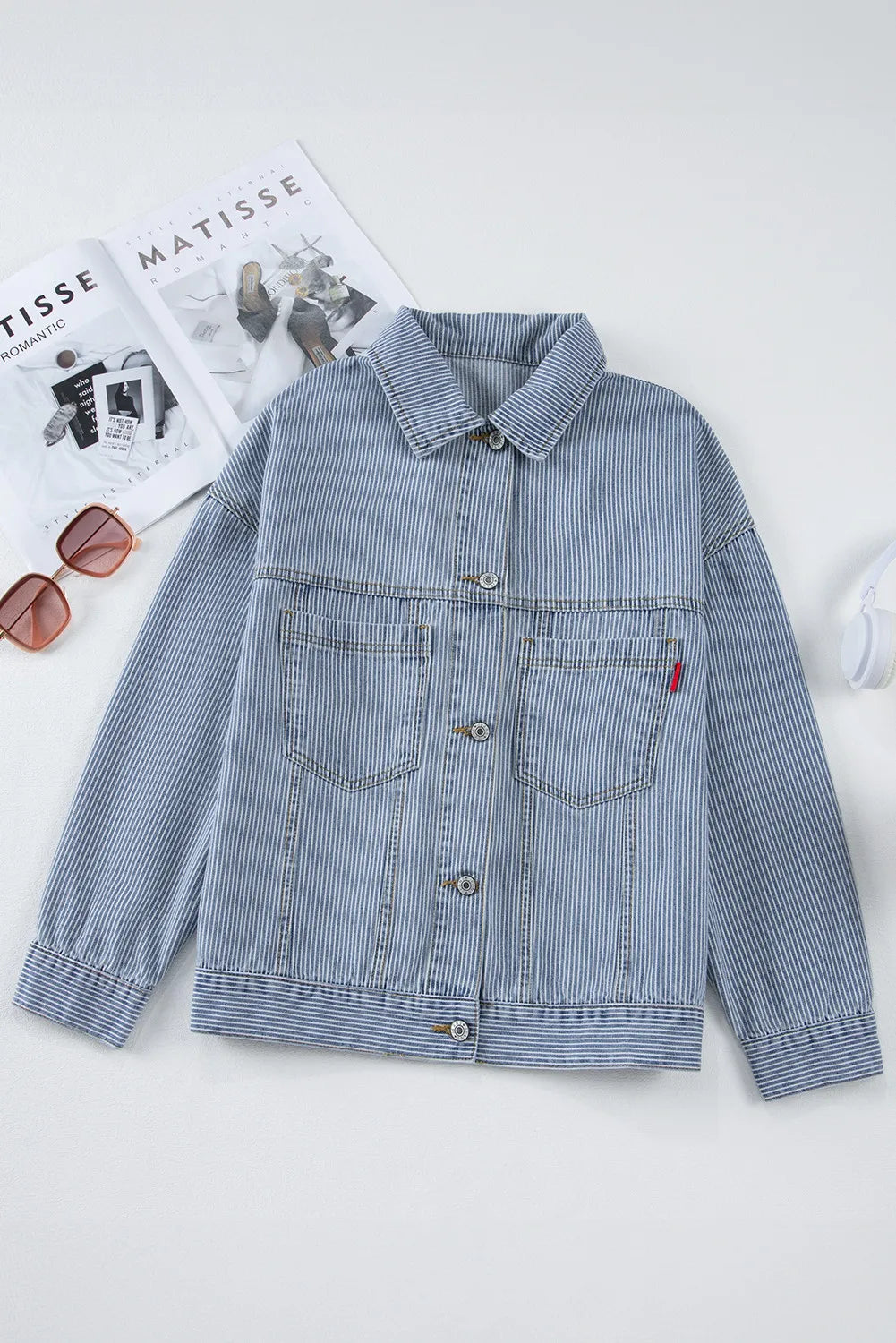 Lydia Striped Button Up Long Sleeve Denim Jacket