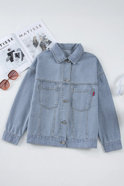 Lydia Striped Button Up Long Sleeve Denim Jacket