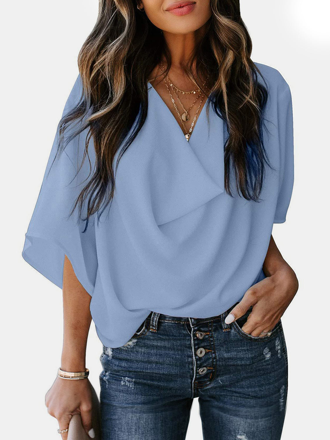 Size Inclusive Cowl Neck Three-Quarter Sleeve Blouse