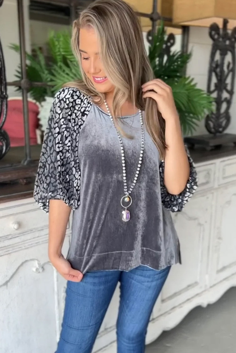 Medium Grey Leopard Lantern Sleeve Velvet Blouse