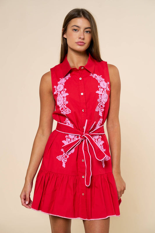 Flora Embroidery Collared Sleeveless Mini Dress