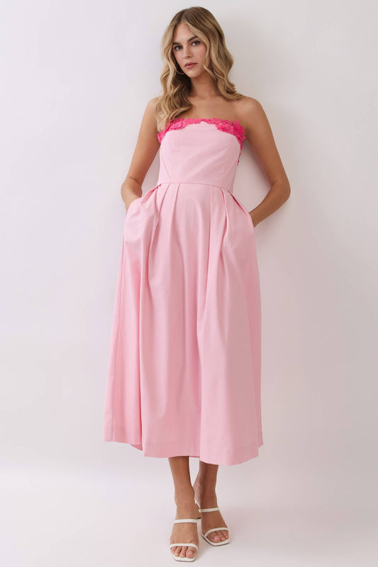 Floral Applique Detail Strapless Midi Dress