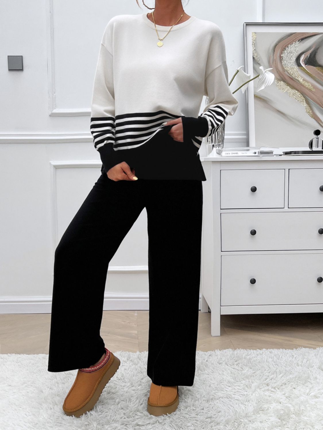 Divine Collection Slit Striped Round Neck Top and Pants Sweater Set