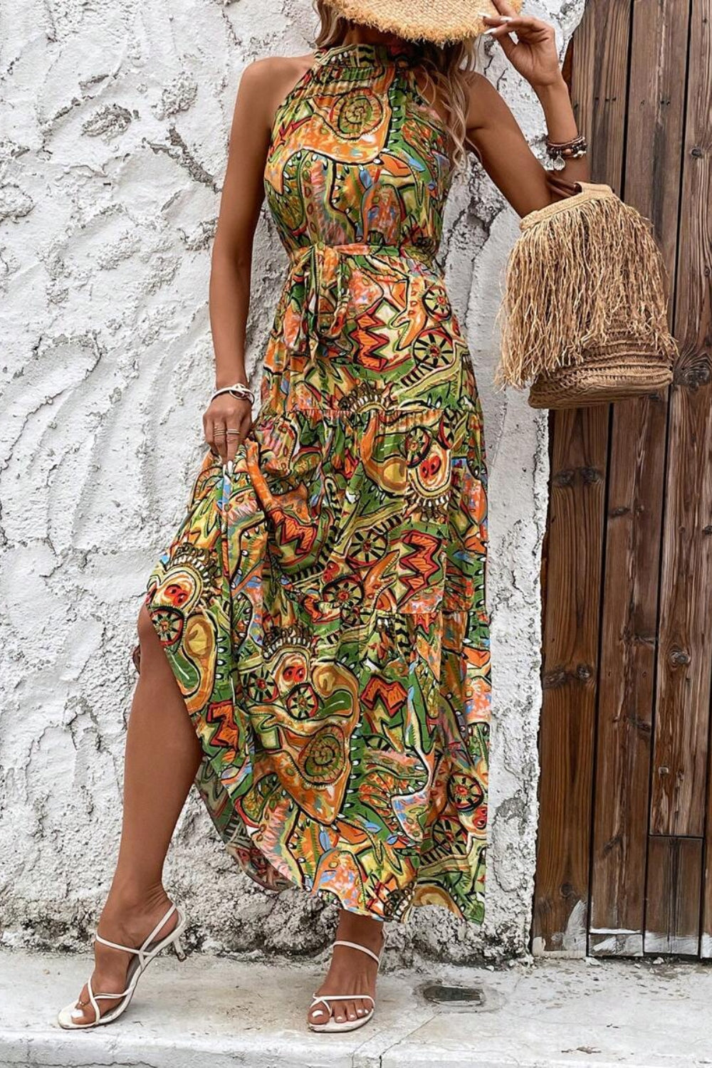 Tied Slit Abstract Print Sleeveless Dress