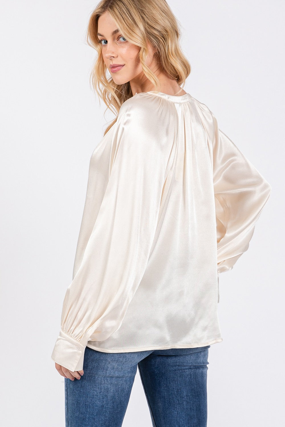 Satin Notched Long Sleeve Blouse