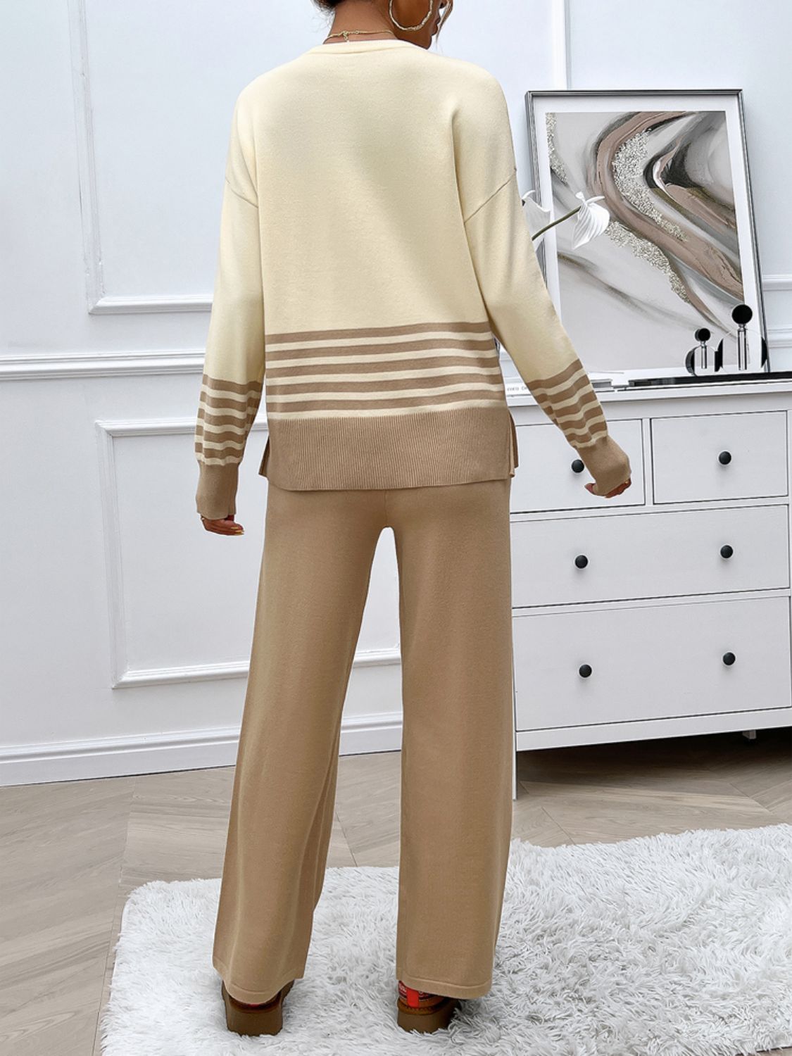 Divine Collection Slit Striped Round Neck Top and Pants Sweater Set