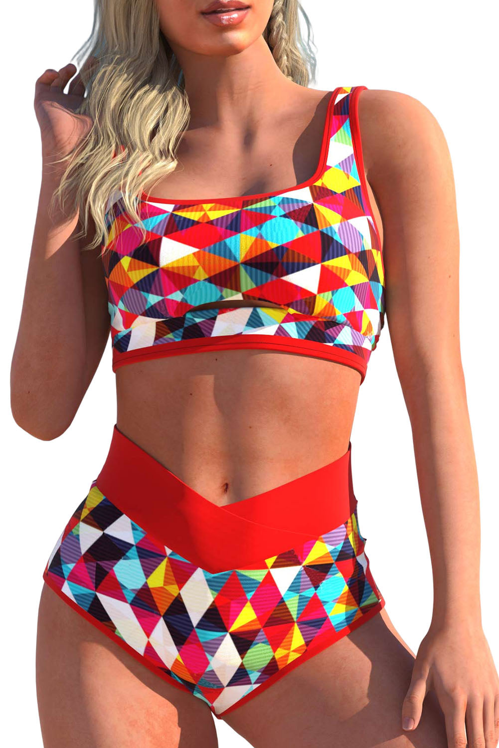 Red 2pcs Geometric Print High Waisted Bikini