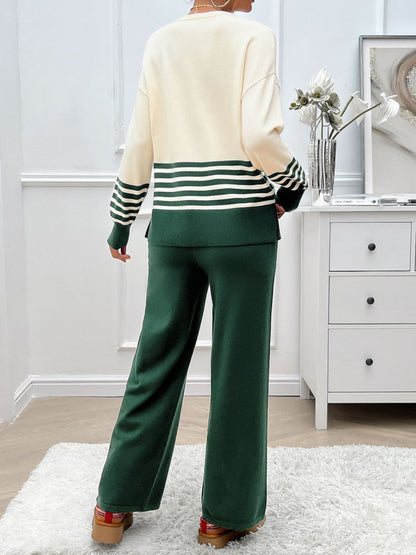 Divine Collection Slit Striped Round Neck Top and Pants Sweater Set