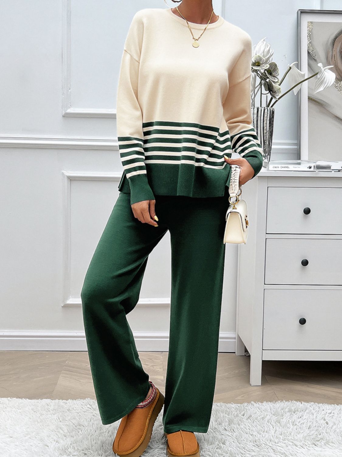 Divine Collection Slit Striped Round Neck Top and Pants Sweater Set