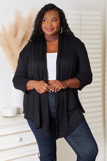 Black Super Soft Classic Draped Open Front Cardigan with 3/4 length sleeves