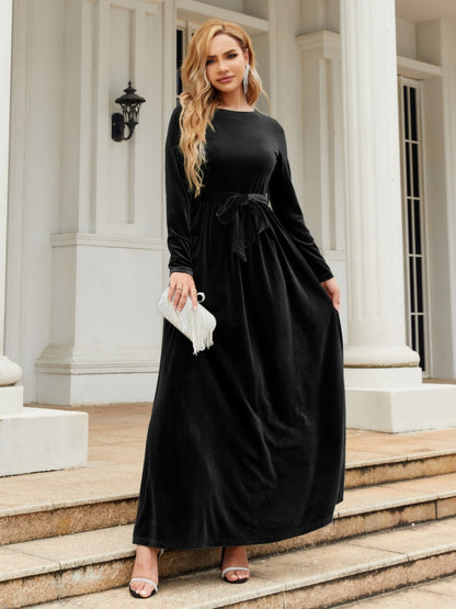 Holiday Tie Front Round Neck Long Sleeve Maxi Dress