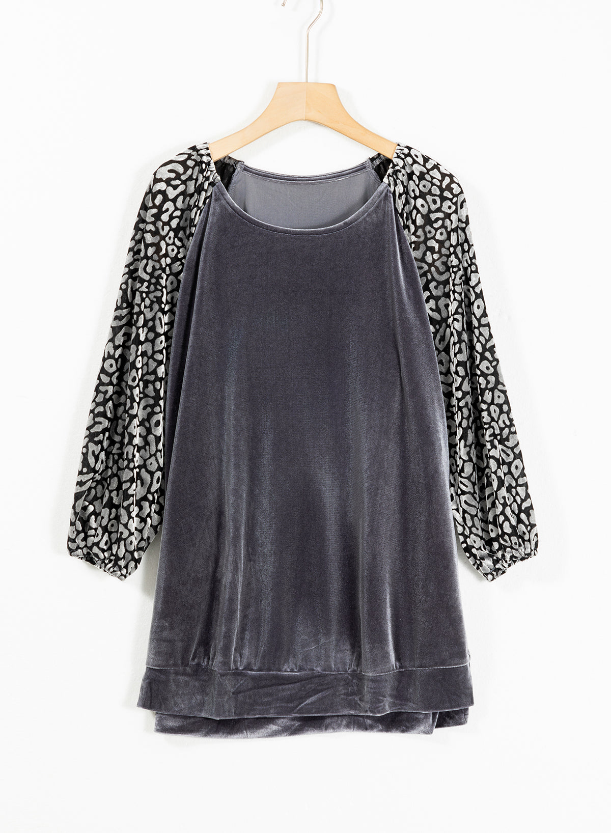 Medium Grey Leopard Lantern Sleeve Velvet Blouse