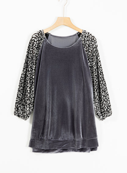 Medium Grey Leopard Lantern Sleeve Velvet Blouse