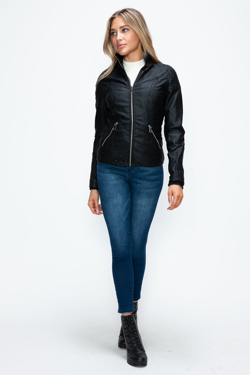 Faux Layered Double-Zipper Jacket with Fuzzy Hood