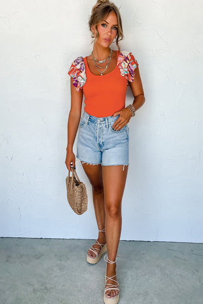 Orange Ribbed Knit Tiered Ruffled Sleeve Bodysuit