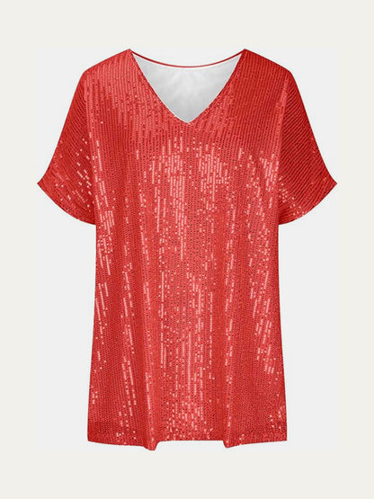 Size Inclusive Sequin V-Neck Short Sleeve Top