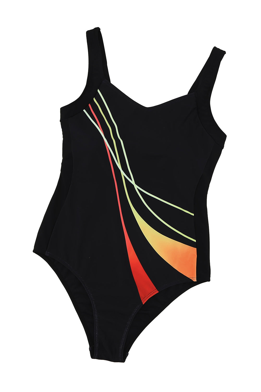 Black w/ Color-Striped Pattern One-Piece Swimsuit
