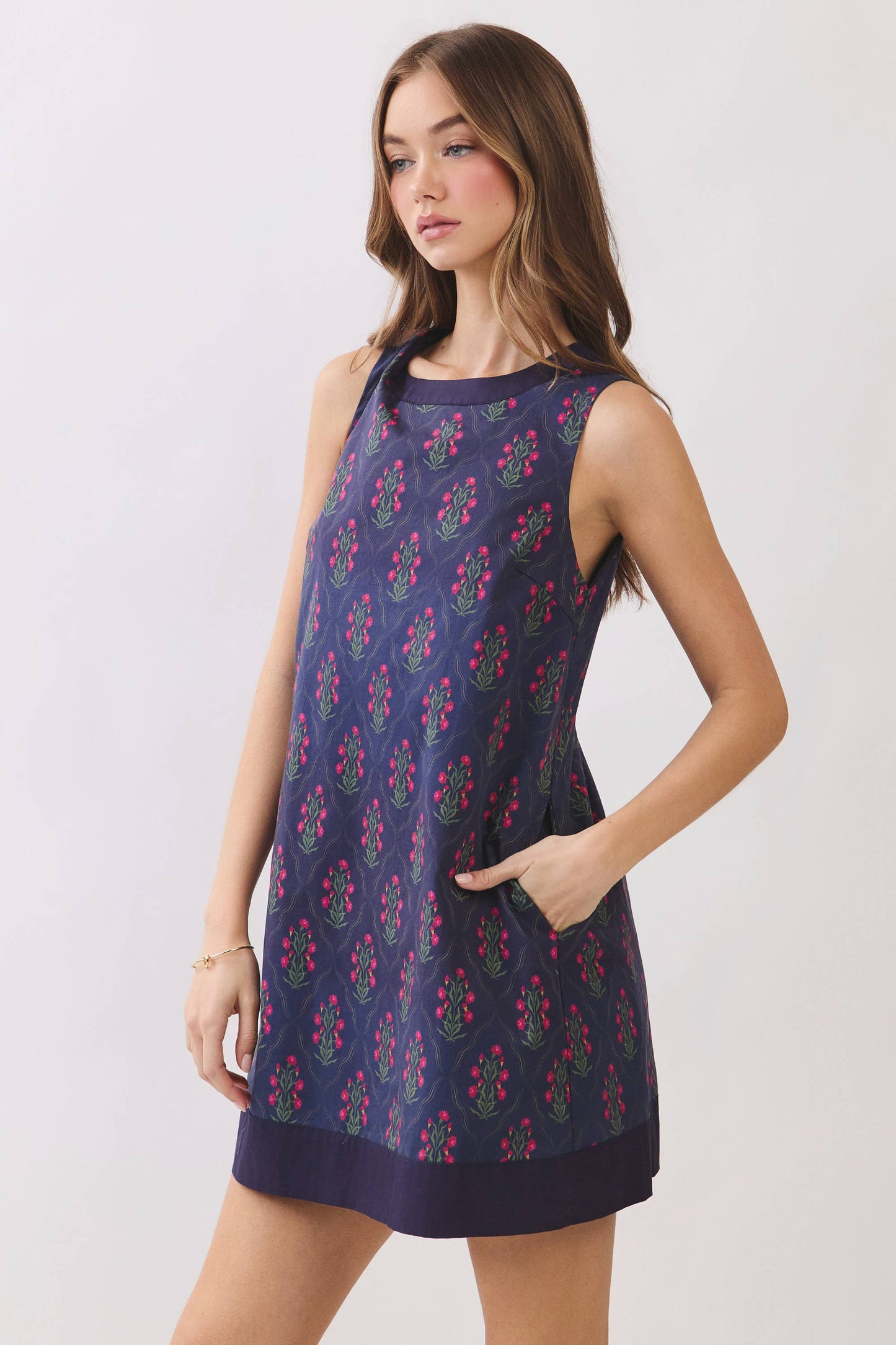 Floral Border Back Zipper Shift Mini Dress