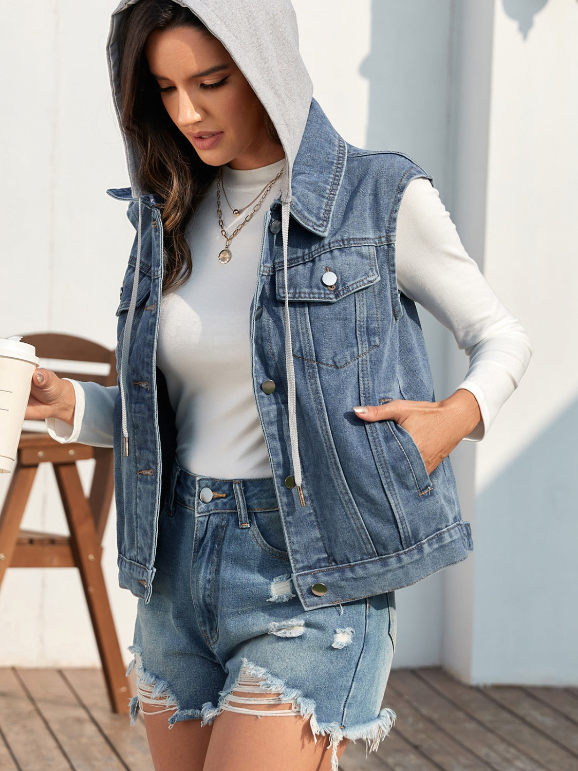 Pocketed Button Up Hooded Denim Vest Jacket