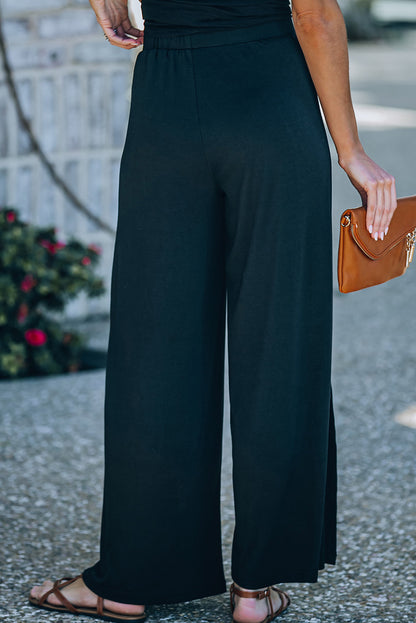 Black Casual Side Slit Mid Waist Wide Leg Pants