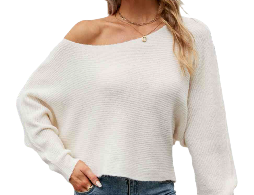 Boat Neck Horizontal Ribbing Dolman Sleeve Sweater