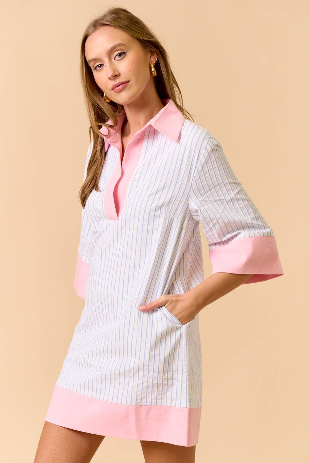 Color Block Striped Half Sleeve Shirt Dress