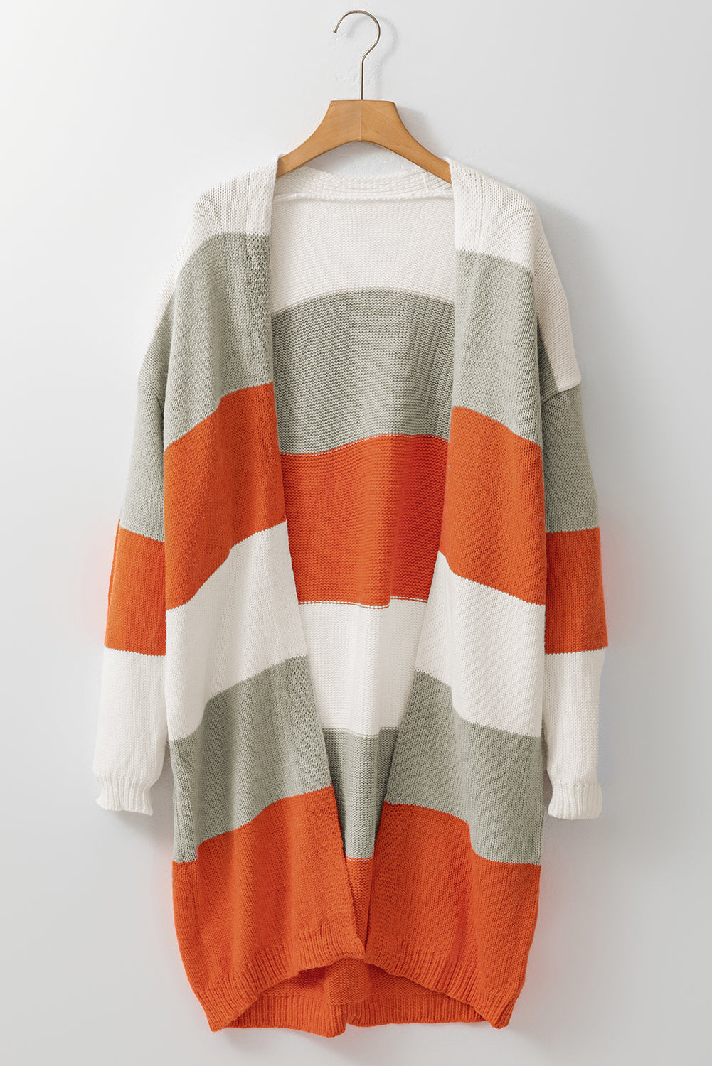 Orange Striped Color Block Drop Shoulder Midi Cardigan