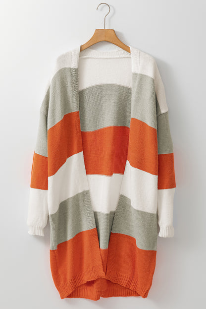 Orange Striped Color Block Drop Shoulder Midi Cardigan