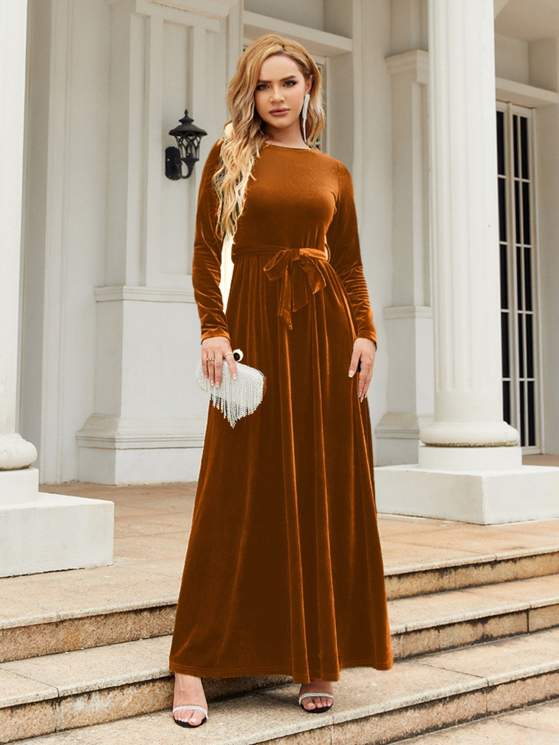 Holiday Tie Front Round Neck Long Sleeve Maxi Dress