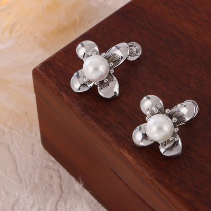 Faux Pearl Titanium Steel Flower Earrings