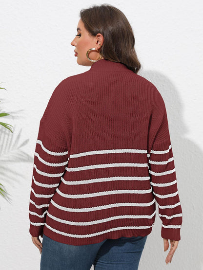 Size Inclusive Zip-Up Striped Sweater with Heart Logo