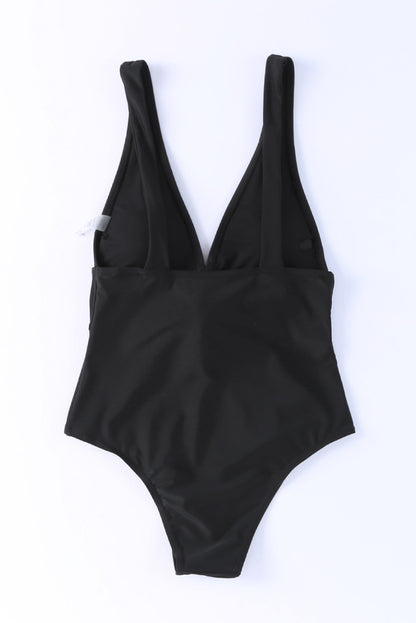 Black Deep V-Neck Tie Waist One-piece Swimsuit