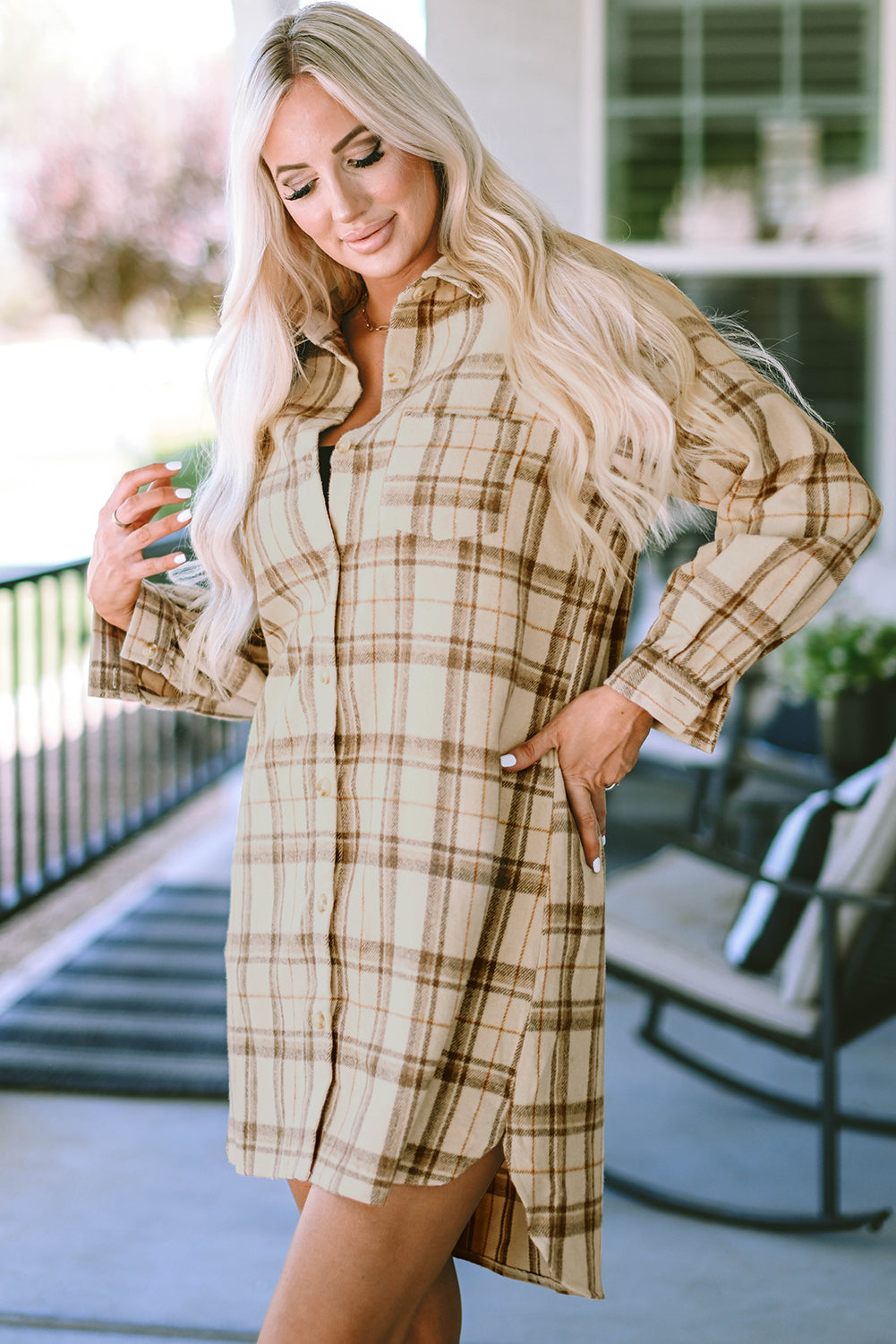 Khaki Western Plaid Button Up Loose Shirt Dress