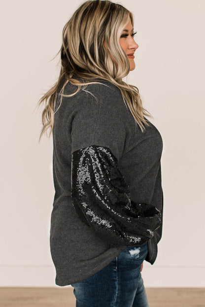 Black Sequin Bubble Sleeve V Neck Knit Top