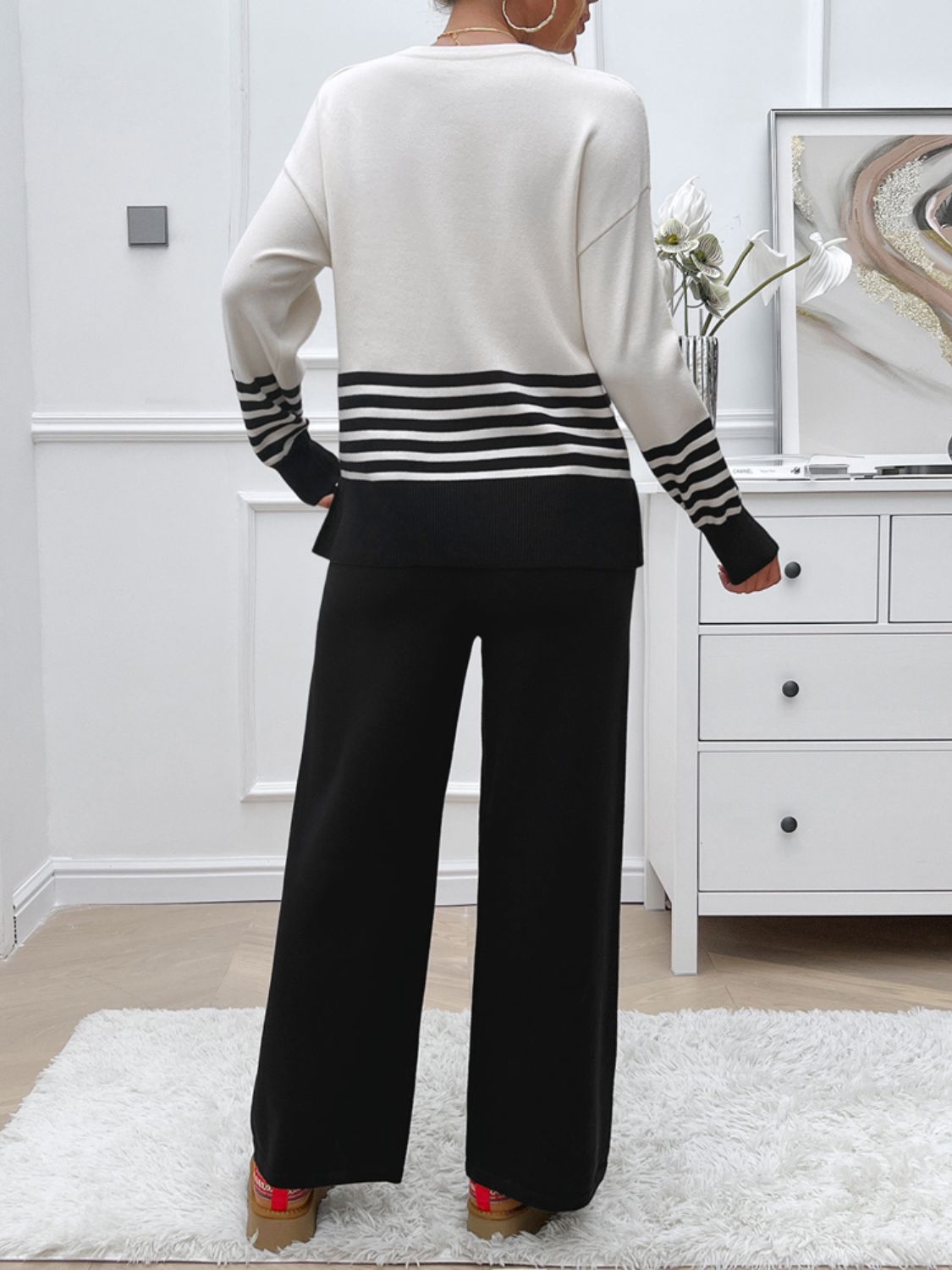 Divine Collection Slit Striped Round Neck Top and Pants Sweater Set