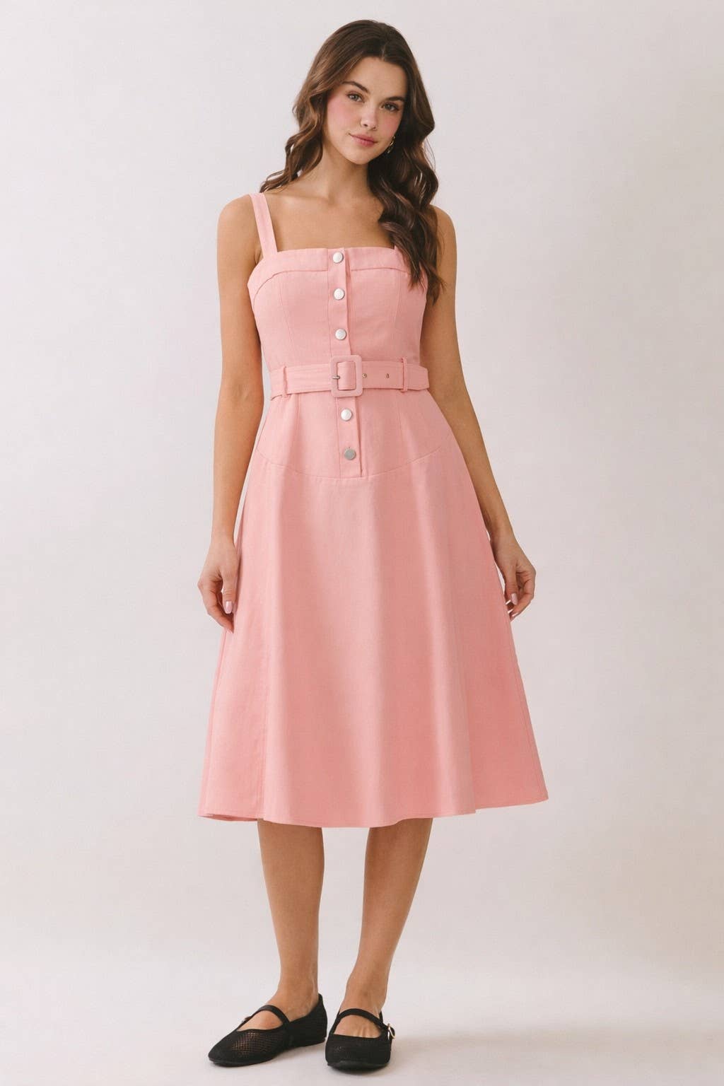 Button Down Belted Square Neck Midi Dress