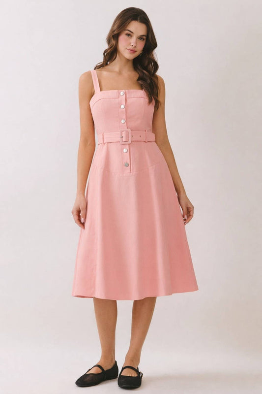 Button Down Belted Square Neck Midi Dress