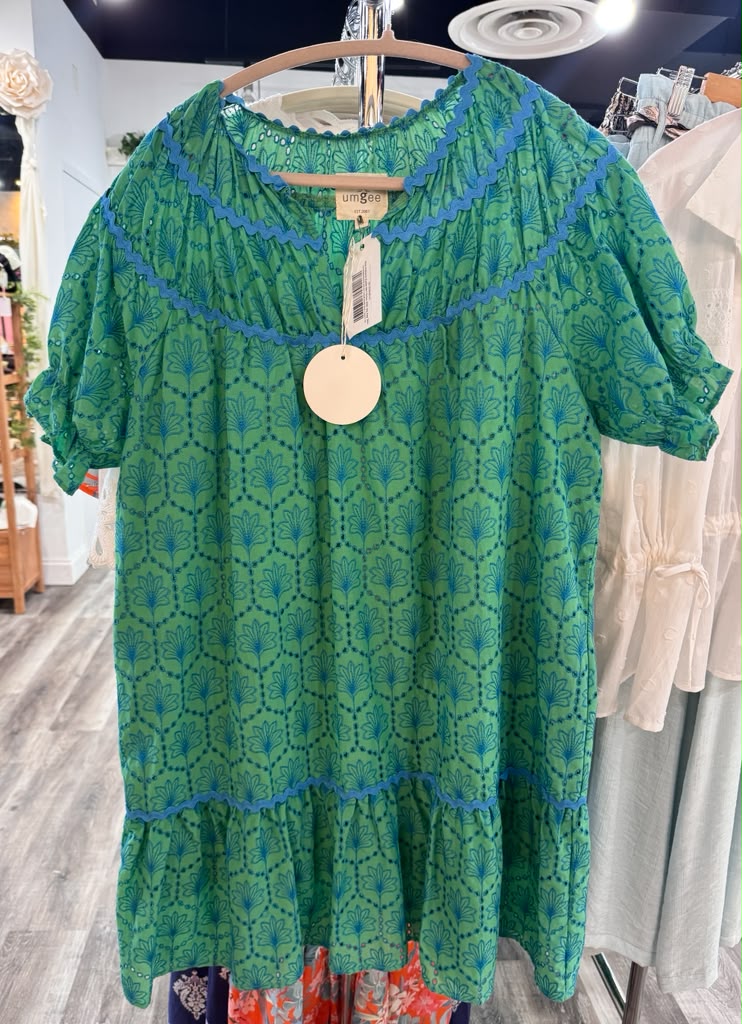 Umgee Green Blue Ric Rac Eyelet Mini Dress XL