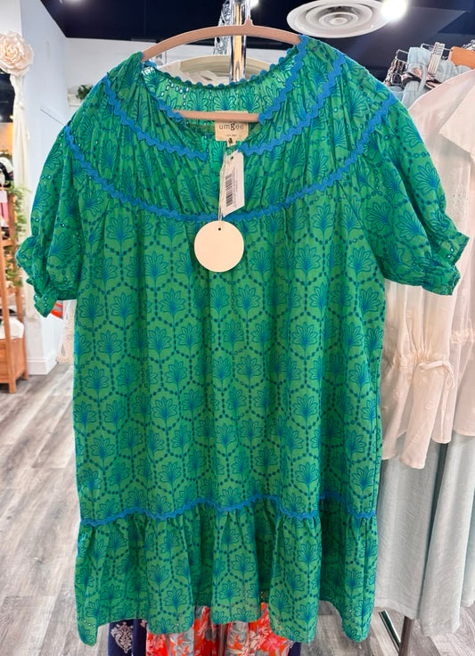 Umgee Green Blue Ric Rac Eyelet Mini Dress XL