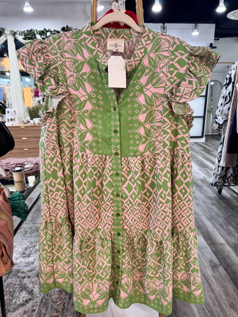 Umgee Mixed Print Green Blush Print Dress - Large