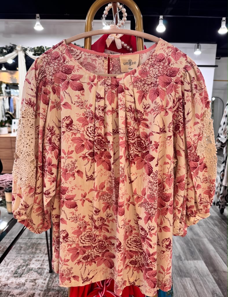 Umgee Rose Red Floral Embroidered Blouse- Large