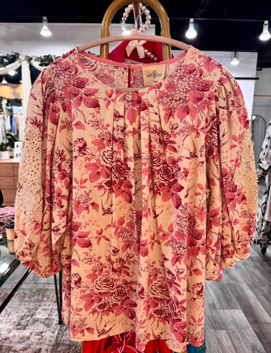 Umgee Rose Red Floral Embroidered Blouse- Large