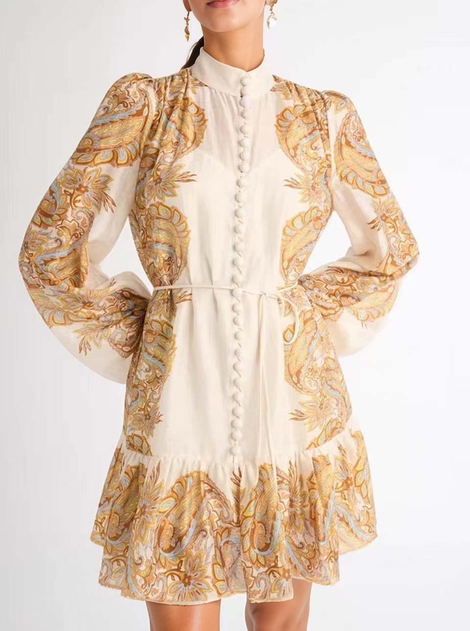 Retro Print Tie-Waist Dress with Lantern Sleeves