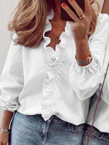 Size Inclusive Ruffled V-Neck Long Sleeve Blouse