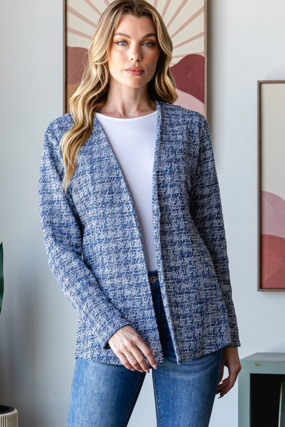 Size Inclusive Houndstooth Tweed Open Front Blazer