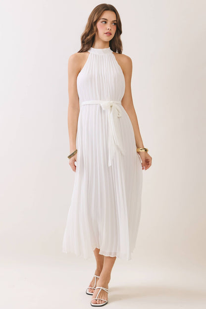 All Over Pleated Halter Neck Midi Dress