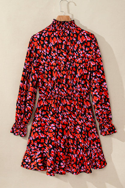 Red Heart Shape Print Long Sleeve Mini Dress