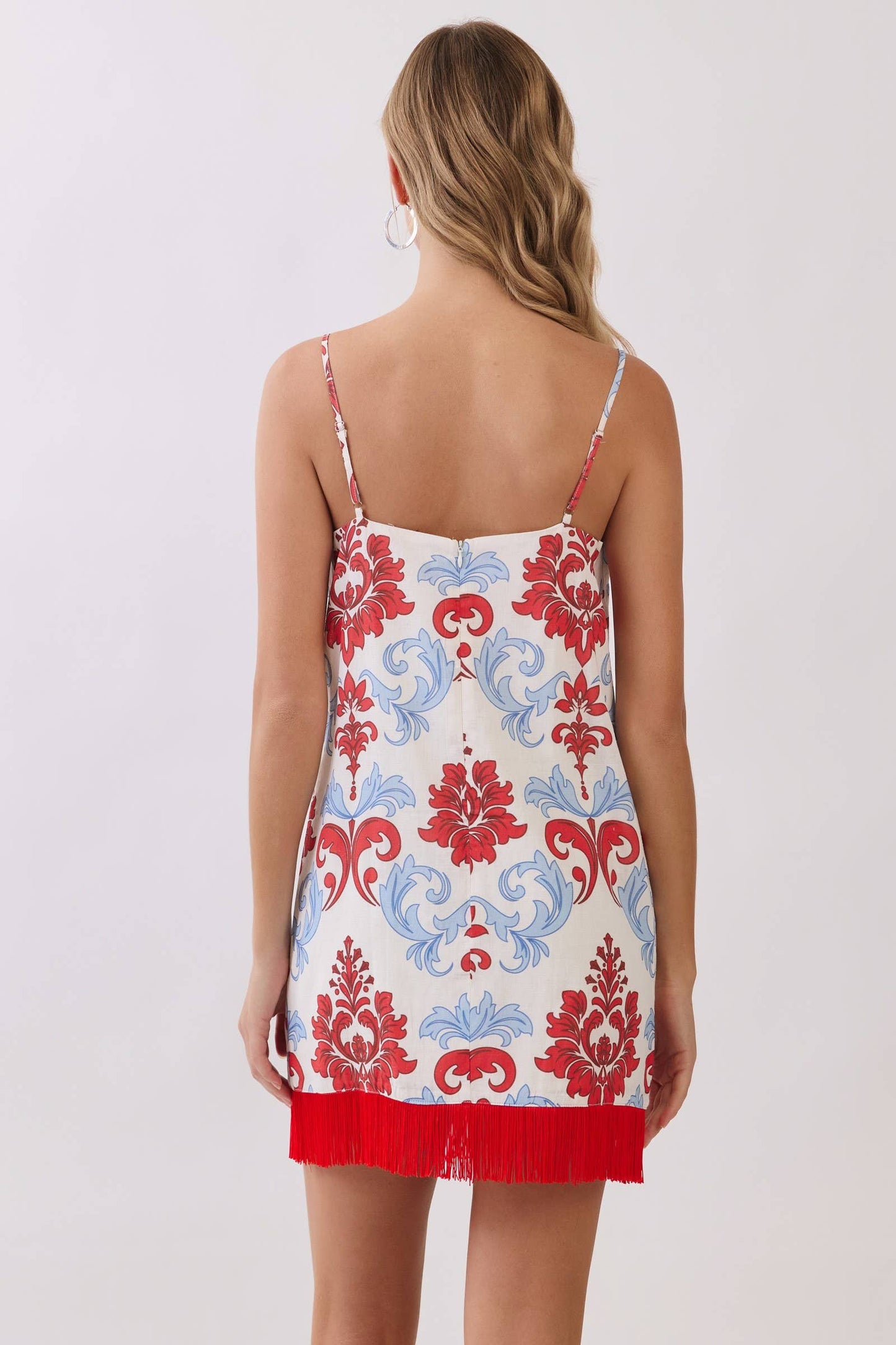 Damask Print Fringe Hem Mini Dress