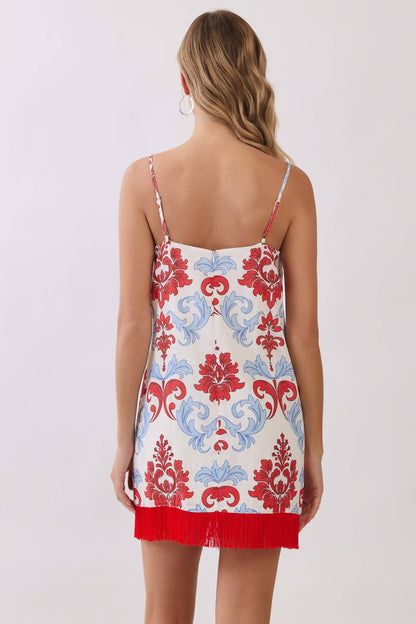 Damask Print Fringe Hem Mini Dress